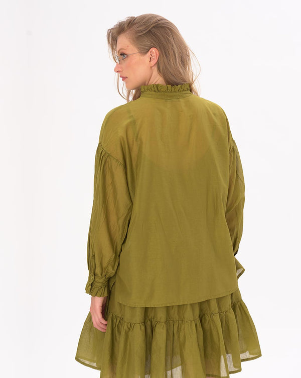 Baci Ruffled Collar Button Up Cotton Shirt Black