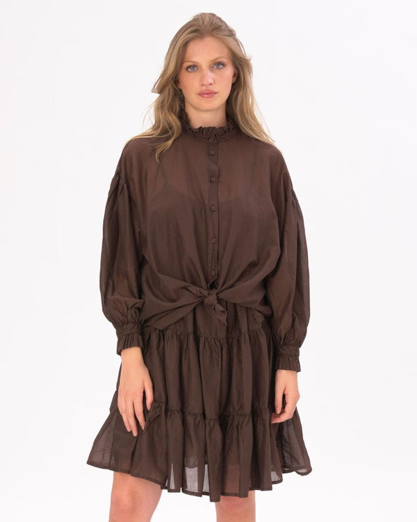 baci Ruffled Collar Button Up Cotton Shirt Black