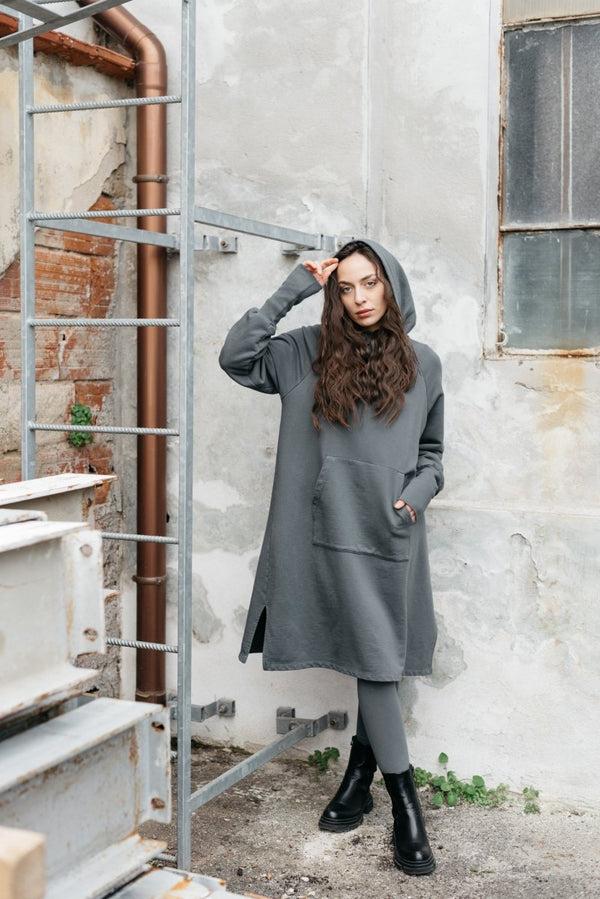 Baci Shawl Collar Hooded Sweater Dress Black