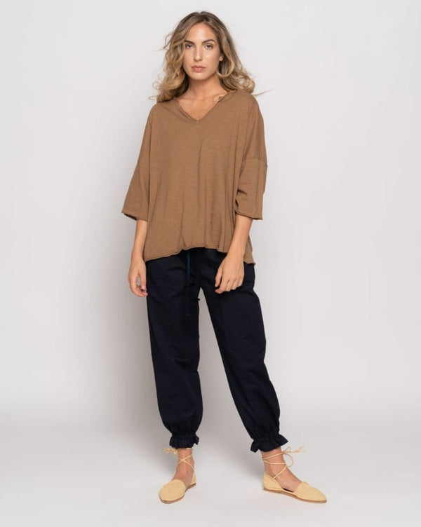 Baci Short Sleeve Dropped Shoulder V-Neck T Camel