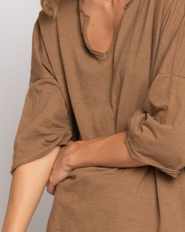 Baci Short Sleeve Dropped Shoulder V-Neck T Camel