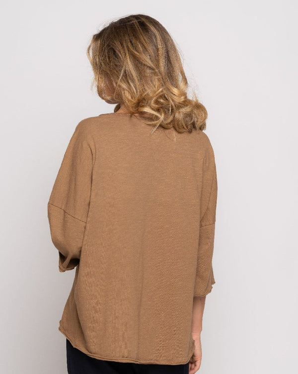 Baci Short Sleeve Dropped Shoulder V-Neck T Camel