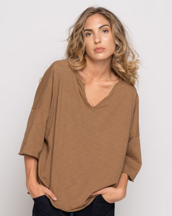 baci Short Sleeve Dropped Shoulder V-Neck T Camel