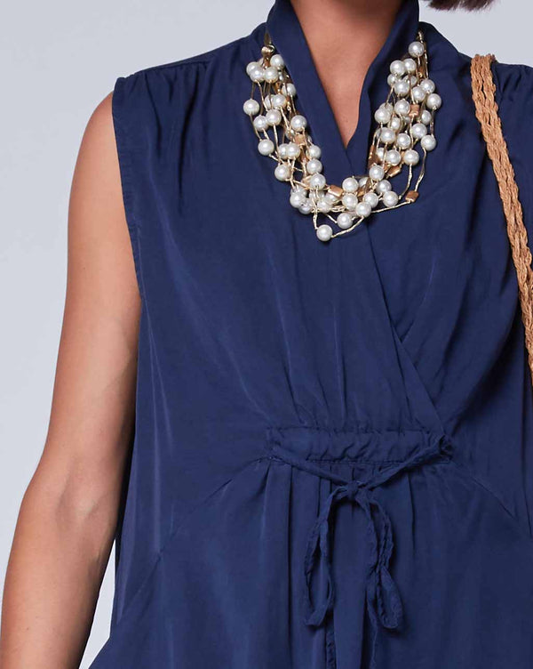 Baci Sleeveless Drawstring Wrap Dress Beige