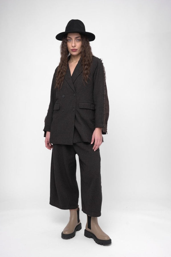 Baci Split Paneled Herringbone Blazer Black