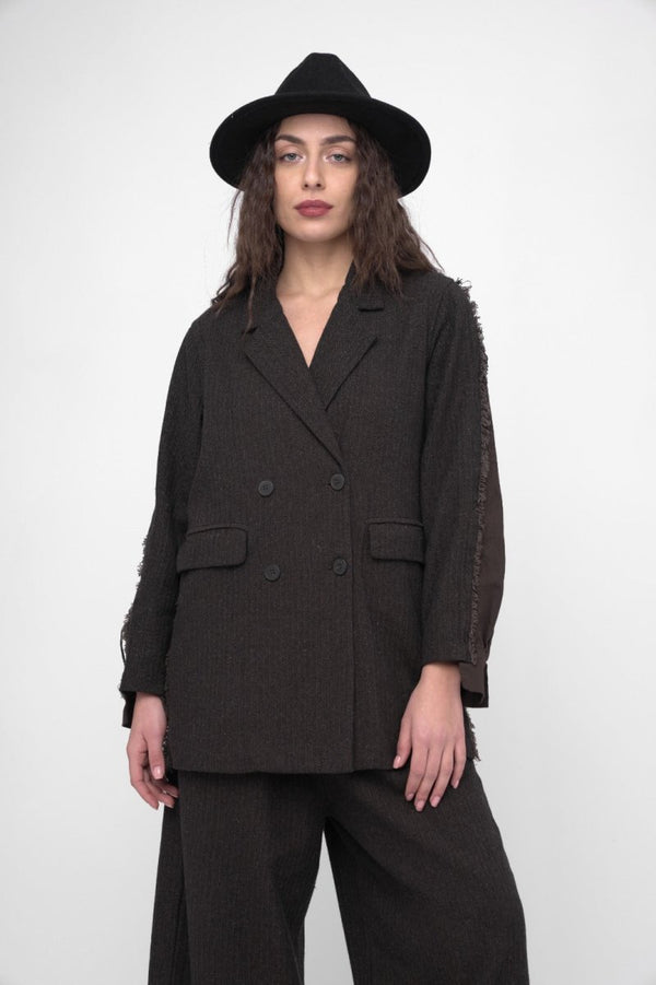 Baci Split Paneled Herringbone Blazer Black