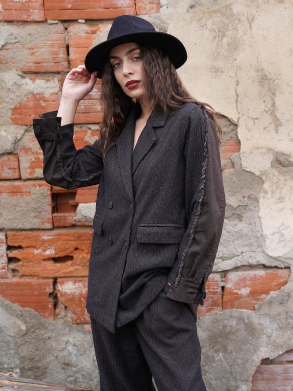 baci Split Paneled Herringbone Blazer Black