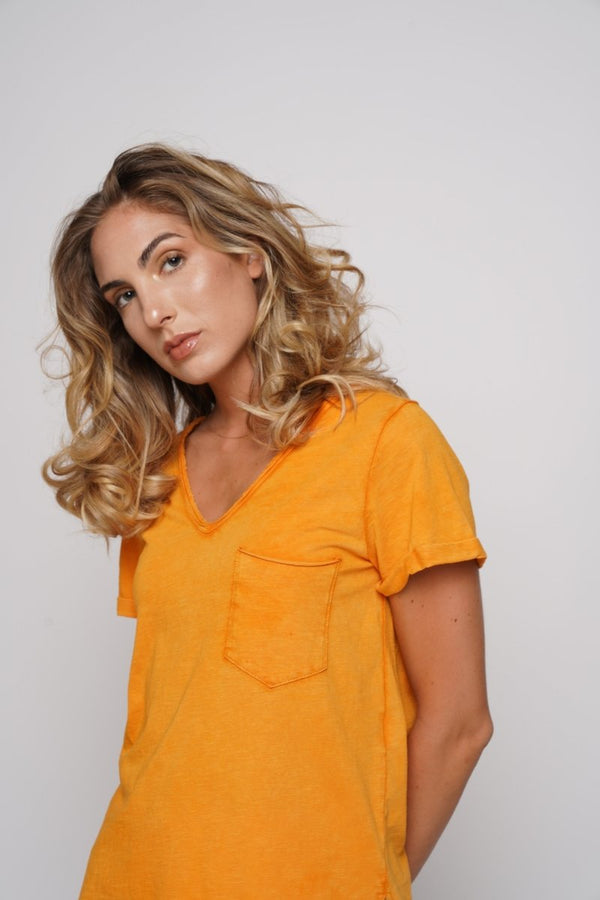 Baci Stonewash Short Sleeve V-Neck Pocket T Corn