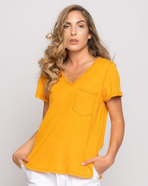 baci Stonewash Short Sleeve V-Neck Pocket T Corn