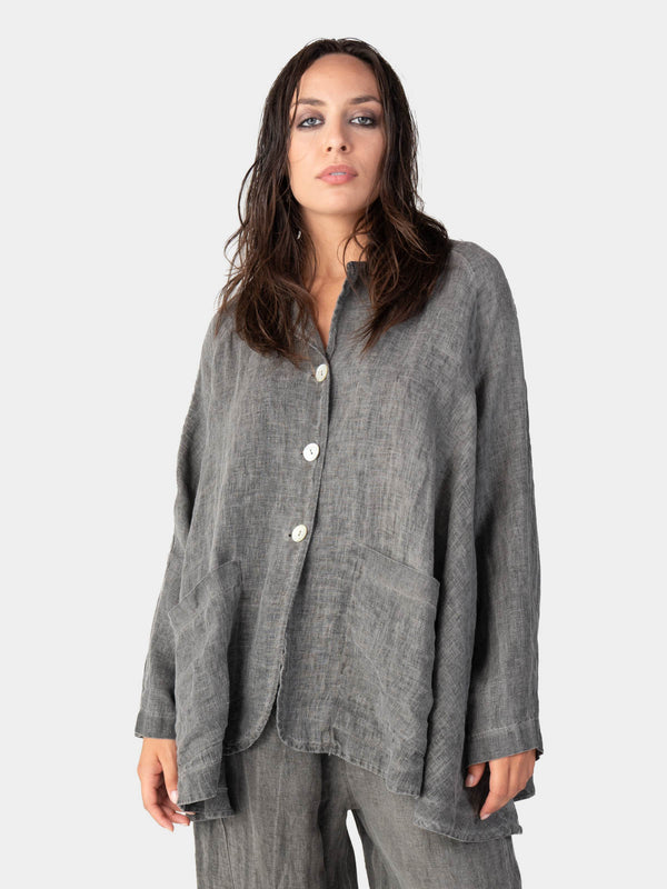 Baci Stonewashed Button Up Linen Blazer Café