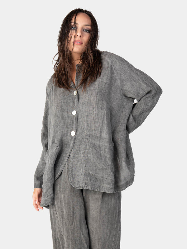 baci Stonewashed Button Up Linen Blazer Café