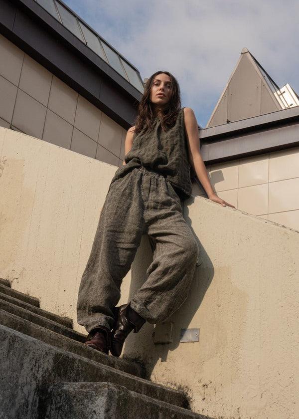 Baci Stonewashed Linen Round Neck Hi-Lo Top Café