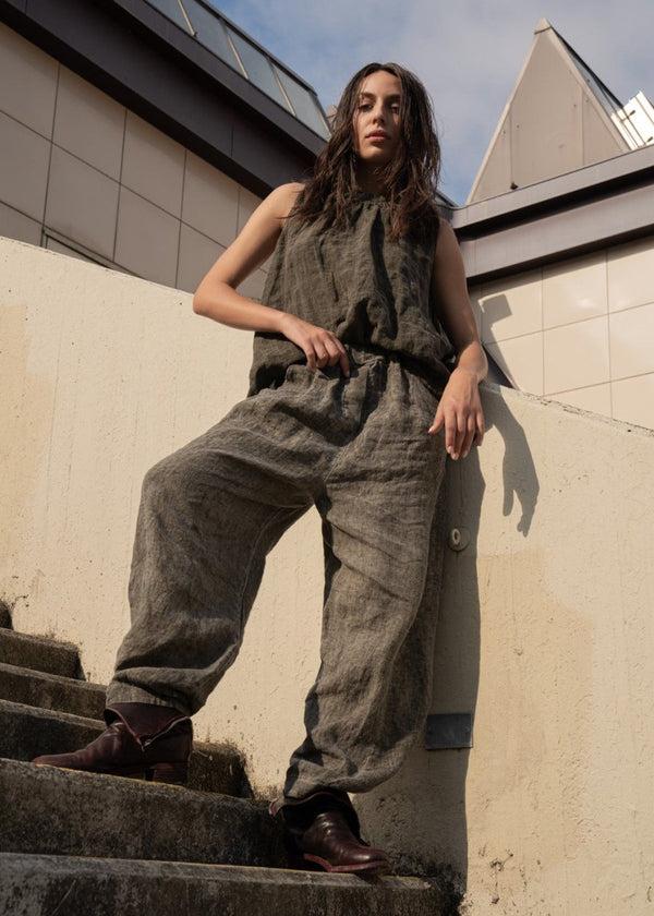 Baci Stonewashed Linen Round Neck Hi-Lo Top Café