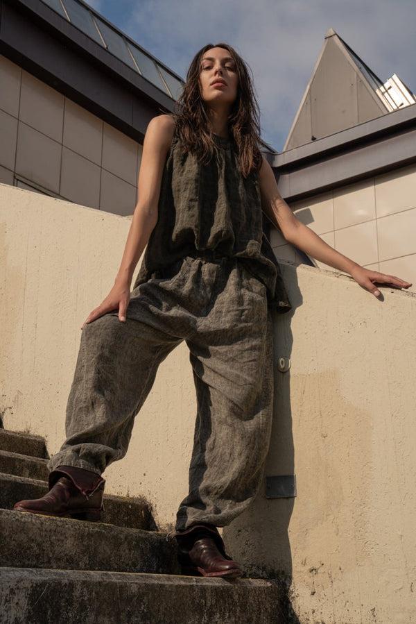 Baci Stonewashed Linen Round Neck Hi-Lo Top Café