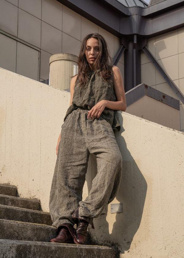 baci Stonewashed Linen Round Neck Hi-Lo Top Café