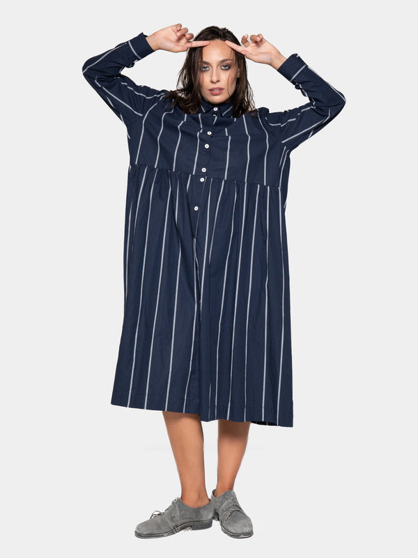 Baci Striped Cotton Midi Shirt Dress Indigo