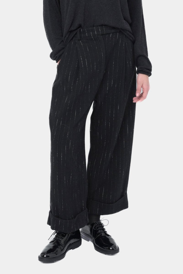 baci Striped Pleated Slacks Pant Black