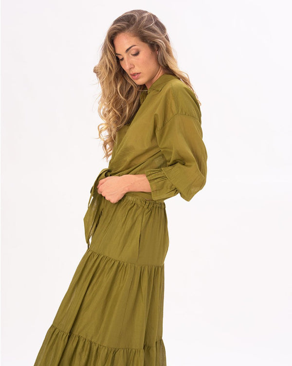 Baci Tie Waist Cotton Button Up Shirt Dark Blue