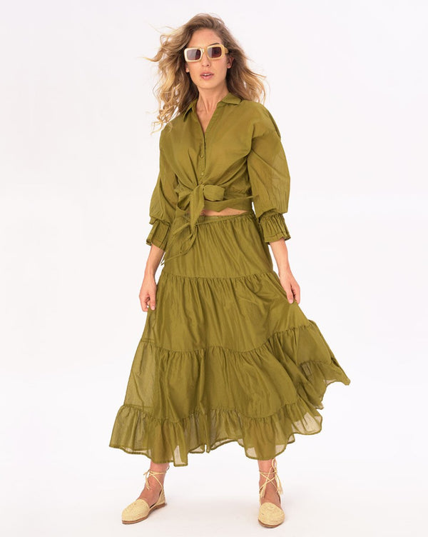 Baci Tie Waist Cotton Button Up Shirt Dark Blue