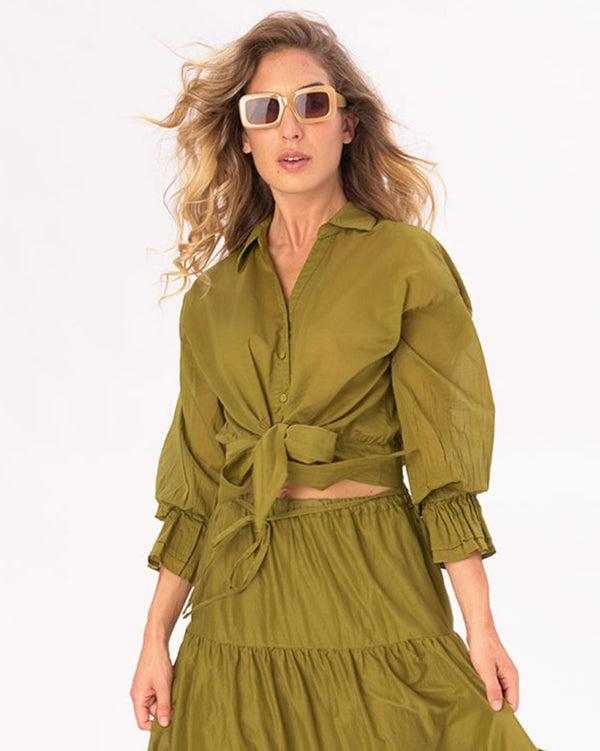 baci Tie Waist Cotton Button Up Shirt Dark Blue