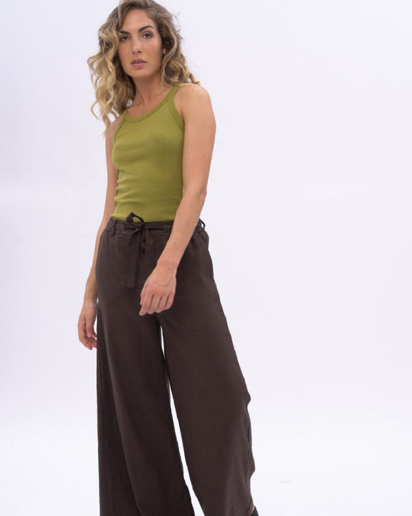 Baci Tie Waist Cotton Linen Blend Pant Black