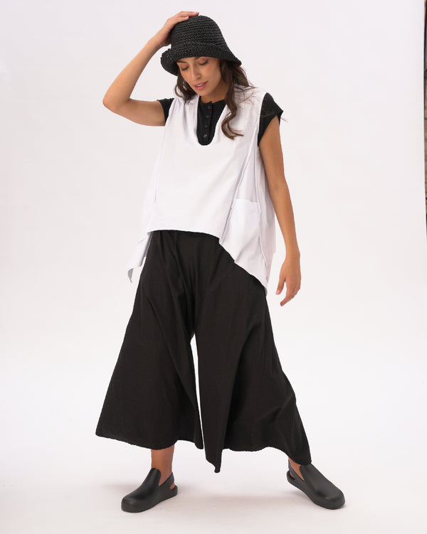 Baci V-Neck Asysemtrical Cotton Pocket Shirt Black