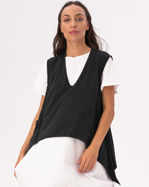 Baci V-Neck Asysemtrical Cotton Pocket Shirt Black