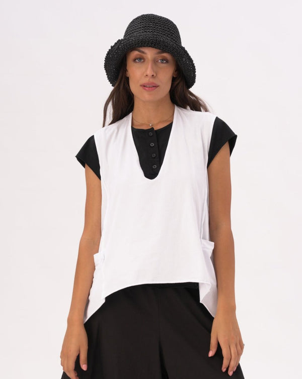 baci V-Neck Asysemtrical Cotton Pocket Shirt Black