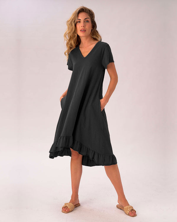 Baci V-neck Ruffled Hem Organic Cotton Dress Black