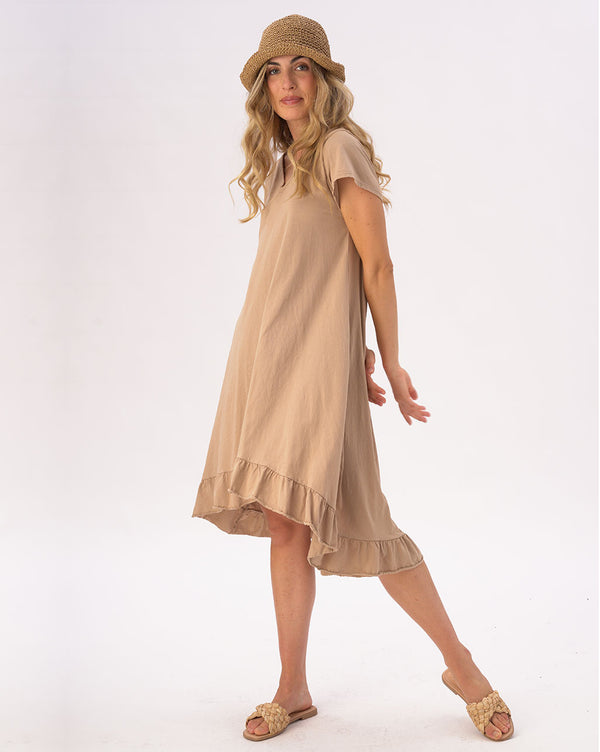 Baci V-neck Ruffled Hem Organic Cotton Dress Black