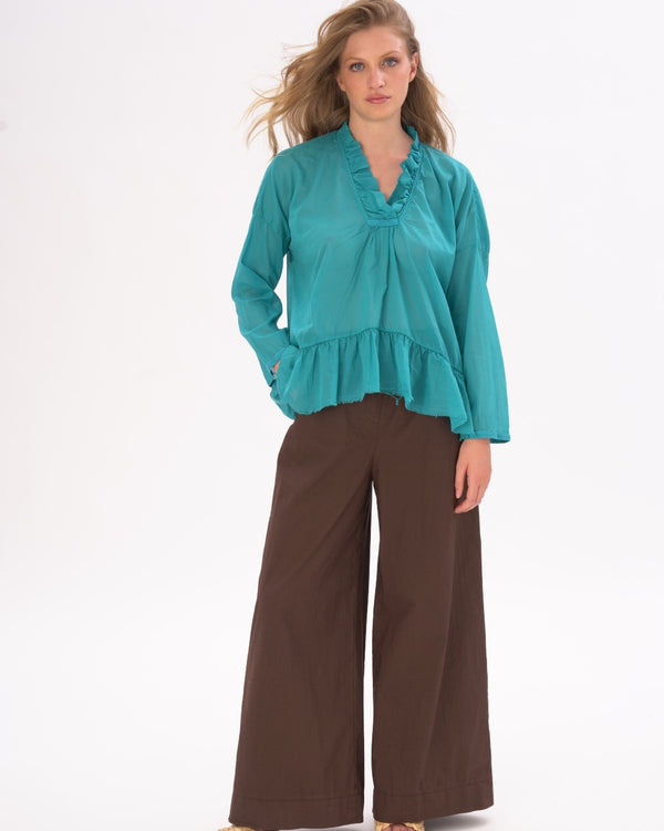 Baci V-neck Ruffled Tie Collar Cotton Shirt Black