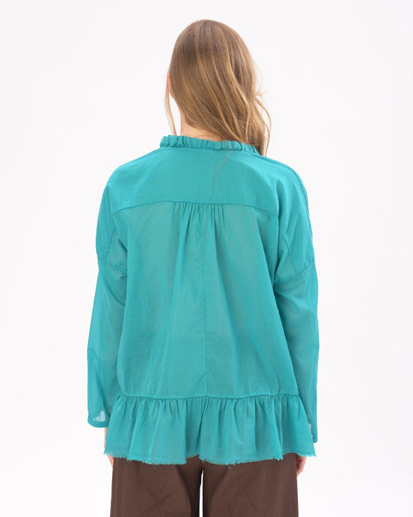 Baci V-neck Ruffled Tie Collar Cotton Shirt Black