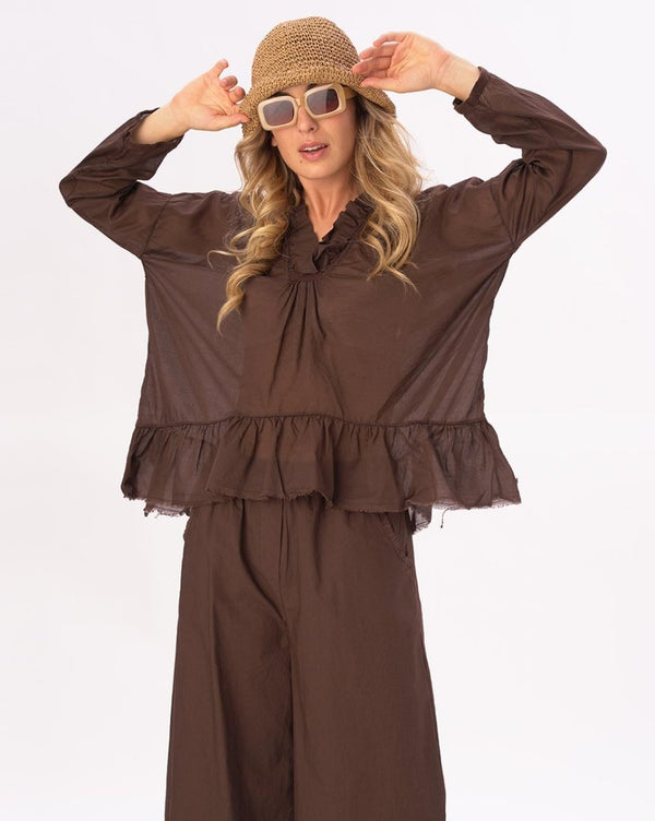 Baci V-neck Ruffled Tie Collar Cotton Shirt Black