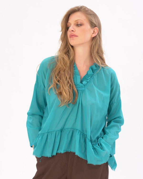 baci V-neck Ruffled Tie Collar Cotton Shirt Black