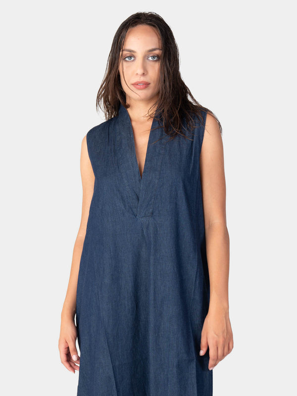 Baci V-Neck Sleeveless Denim Midi Dress Indigo