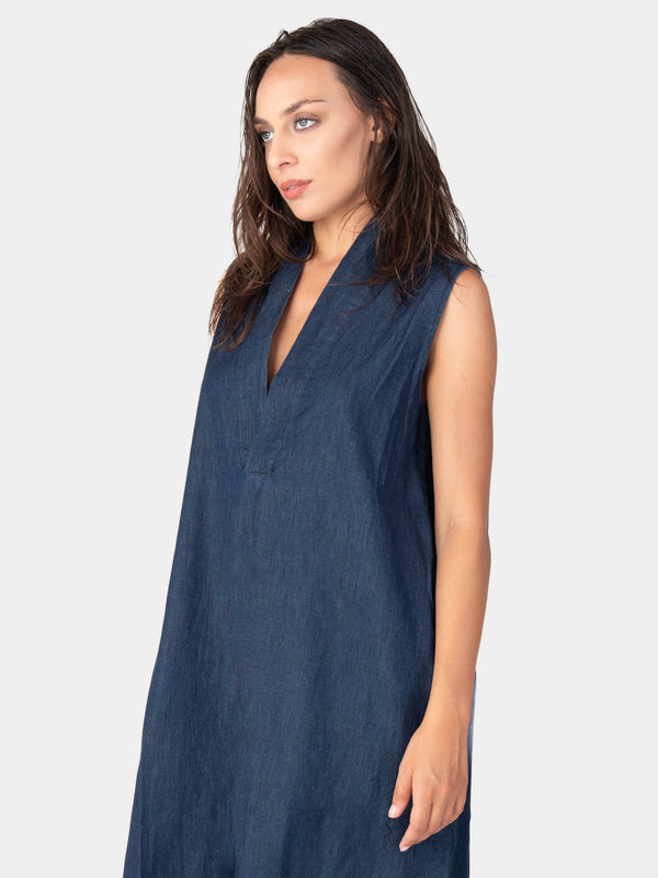 Baci V-Neck Sleeveless Denim Midi Dress Indigo