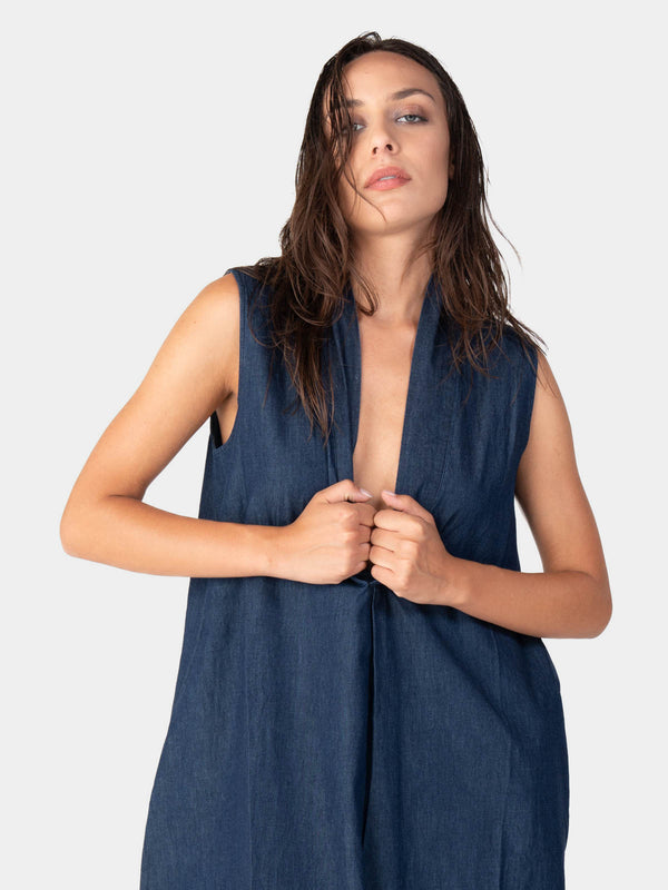 Baci V-Neck Sleeveless Denim Midi Dress Indigo