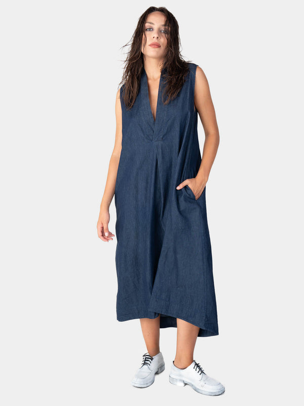 baci V-Neck Sleeveless Denim Midi Dress Indigo