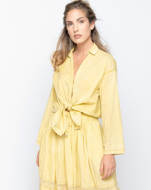 Baci Wash Dyed Deep Button-Up Shirt Beige