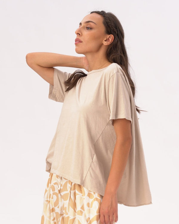 Baci Boat Neck Organic Cotton Short Sleeve T-Shirt Beige