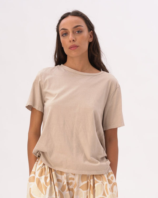 baci Boat Neck Organic Cotton Short Sleeve T-Shirt Beige