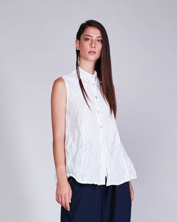 Baci Cotton Crinkled Sleeveless Button-Up Shirt Camel