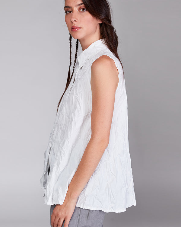 Baci Cotton Crinkled Sleeveless Button-Up Shirt Camel