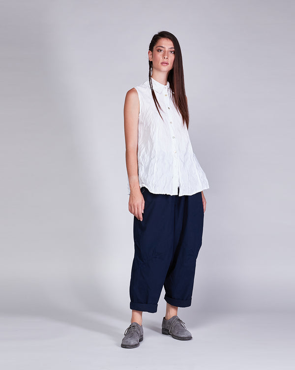 Baci Cotton Crinkled Sleeveless Button-Up Shirt Camel