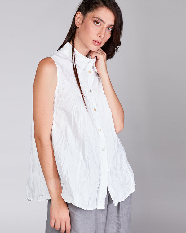 baci Cotton Crinkled Sleeveless Button-Up Shirt Camel