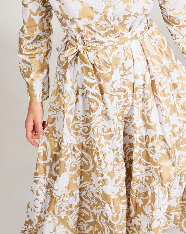 Baci Cotton Floral Tie-Waist Button-Up Shirtdress Black / Gold