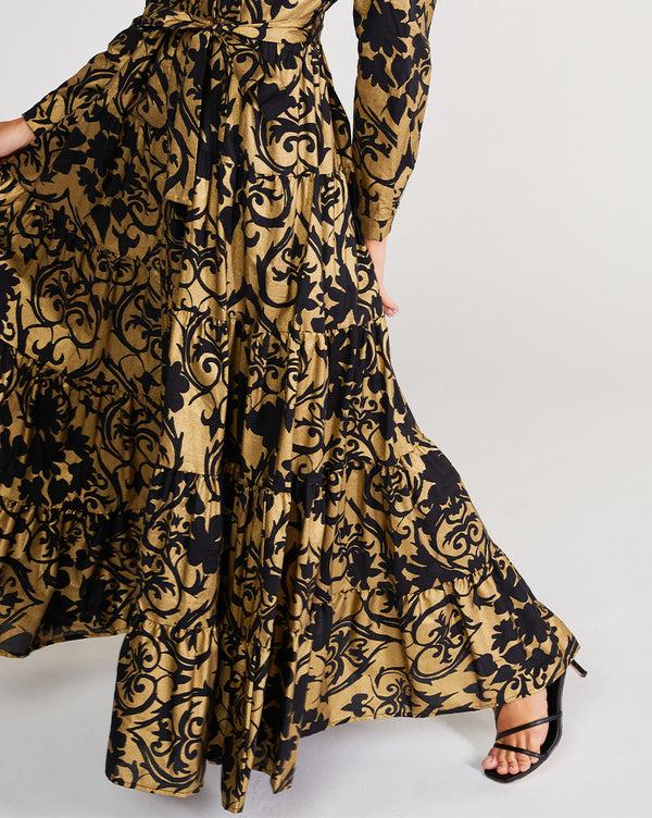 Baci Cotton Floral Tie-Waist Button-Up Shirtdress Black / Gold