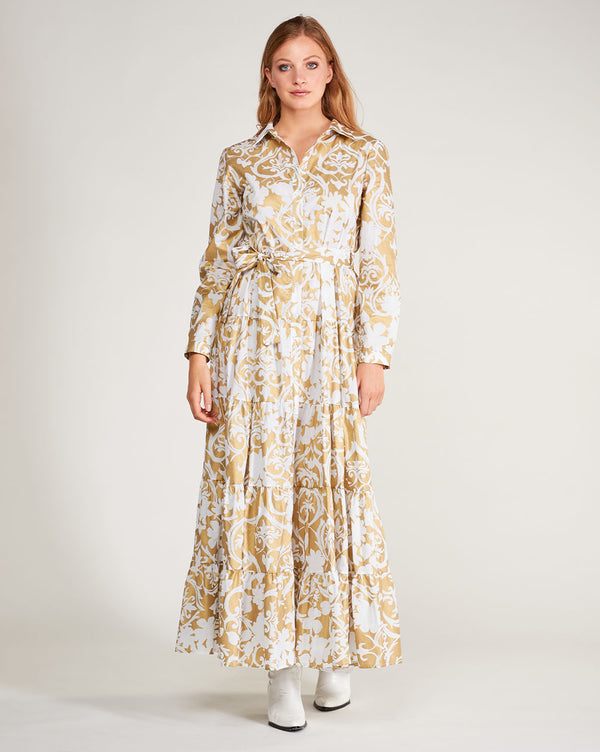 baci Cotton Floral Tie-Waist Button-Up Shirtdress Black / Gold