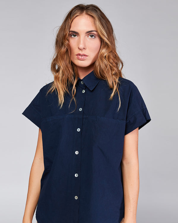 Baci Cotton Short Sleeve Curved Button-Up Shirt Camel