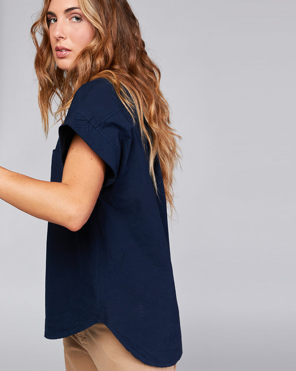 Baci Cotton Short Sleeve Curved Button-Up Shirt Camel